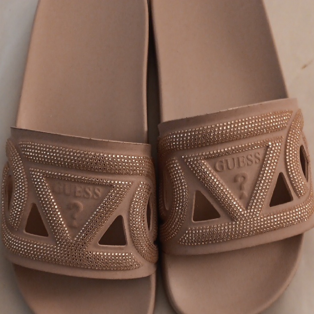 Guess Women's Beige Embellished Slide Sandals
